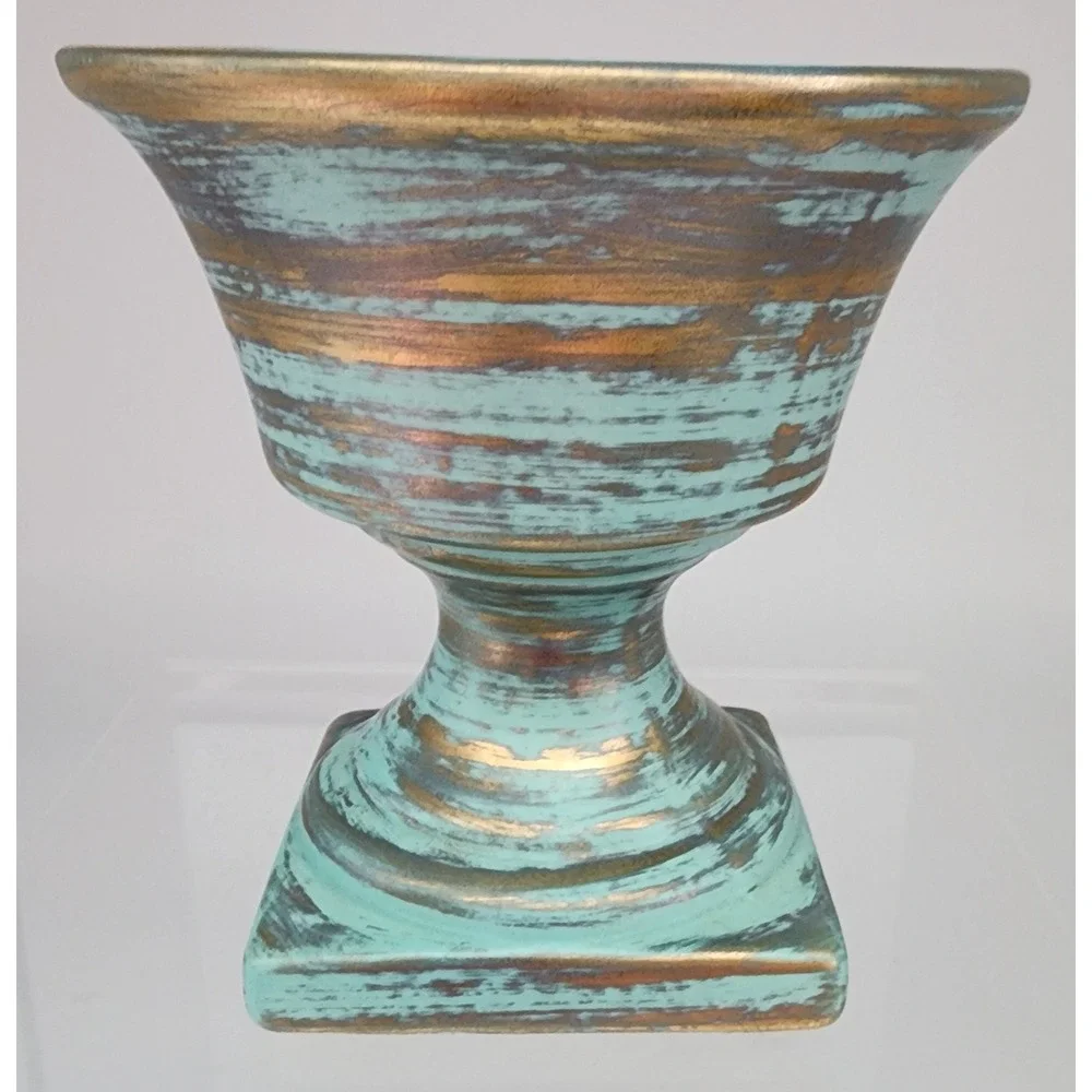 Stangl Pottery Planter Urn Turquoise Gold Ceramic Pedestal Vase EXC Vintage